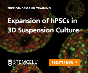 Immunostained hPSCs in 3D suspension with text describing a free on-demand course about hPSC expansion.