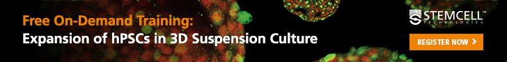 Immunostained hPSCs in 3D suspension with text describing a free on-demand course about hPSC expansion.