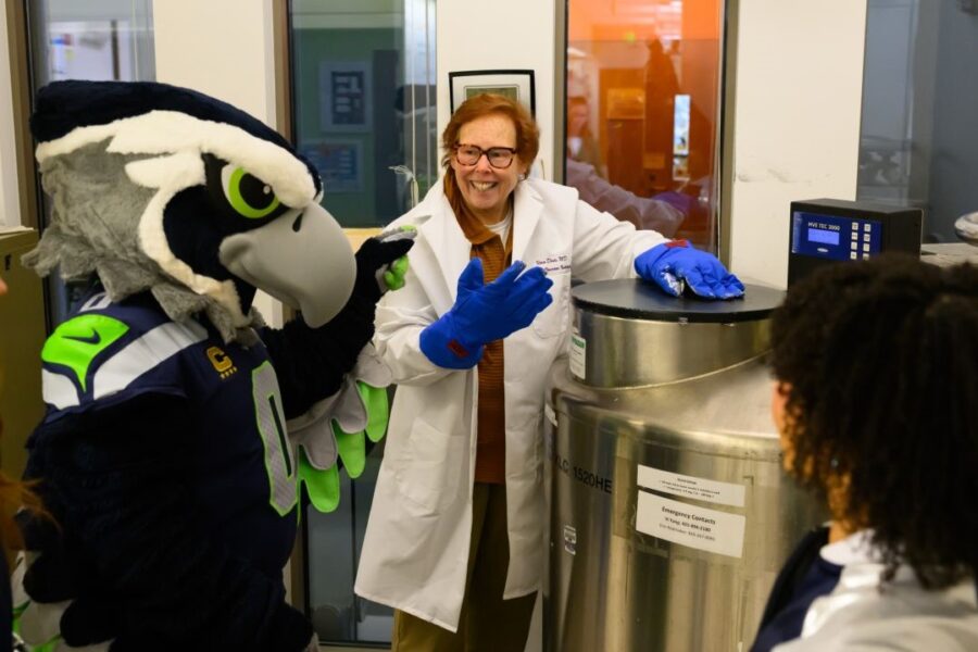 Nora Disis and the seahawk mascot