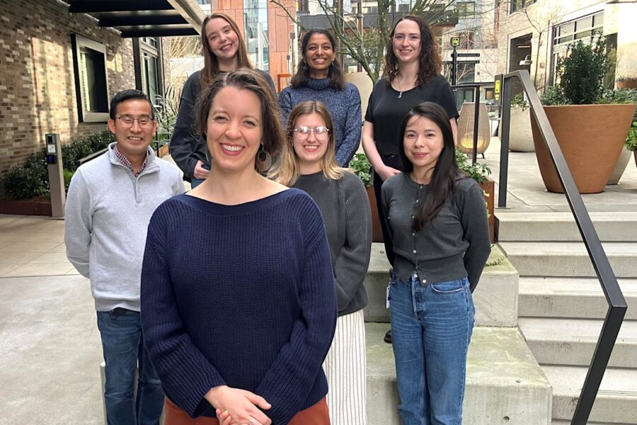 Molly Gasperini (front) and the Write Team of the the Seattle Hub for Synthetic Biology: Middle Row (left to right) Yasuhiro Kyono, Grace Travis, and Shuhua Luo; (back row (left to right) Hannah Starkey, Shruthi Vijay Kumar, and Emily Cliff.