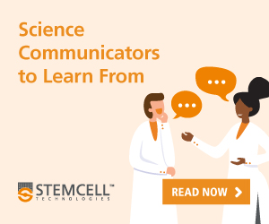 Two cartoon scientists talking animatedly to each other to represent leaders in scientific communication