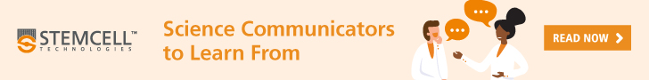 Two cartoon scientists talking animatedly to each other to represent leaders in scientific communication